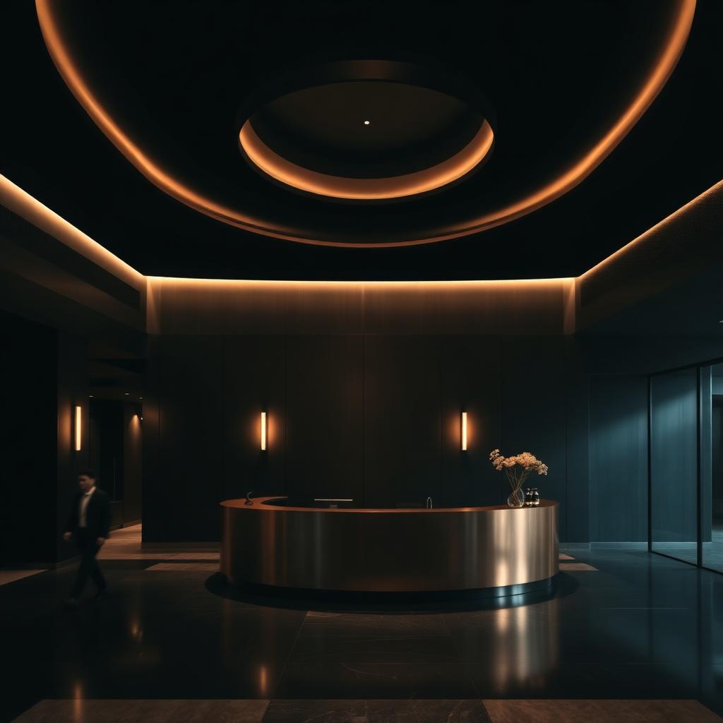Ambiente corporativo moderno com balcão de recepção curvo