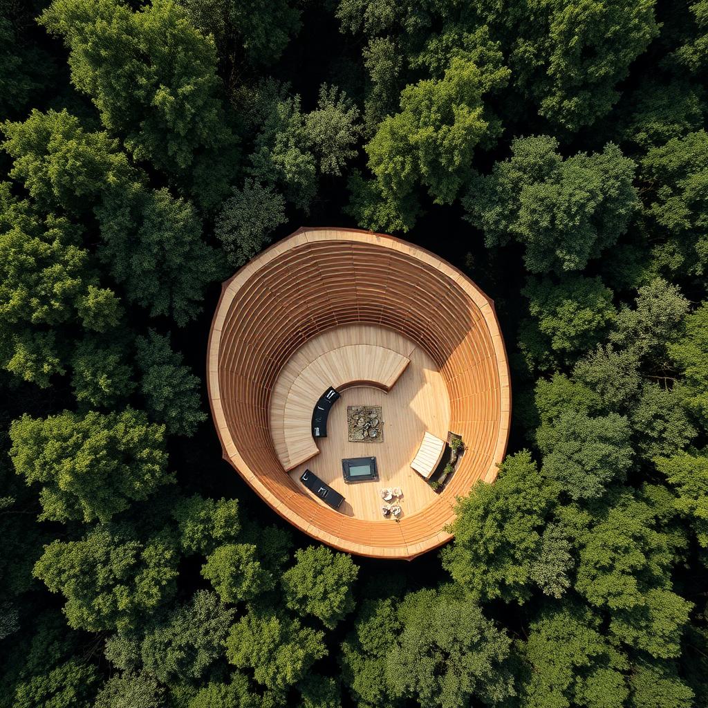Vista aérea de um pavilhão de madeira em área arborizada